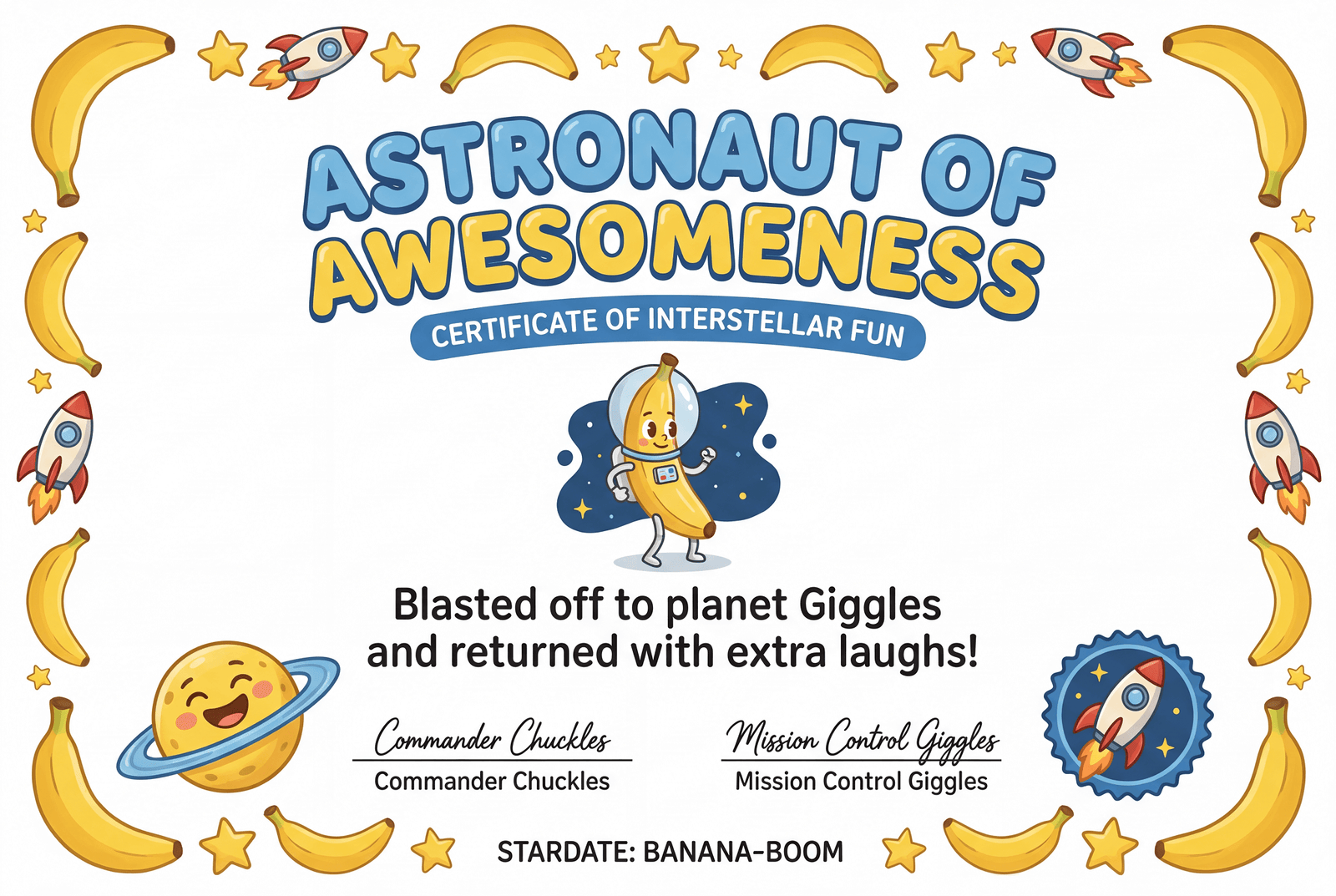 Banana Berry Astronaut of Awesomeness certificate – Mignuti Kids award