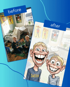 Personalized caricature of Banana Berry, the fun banana character from Mignuti Kids shop – custom kids portraits, songs, crafts and YouTube adventures for children