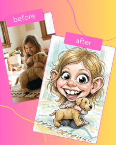 Personalized caricature of Banana Berry, the fun banana character from Mignuti Kids shop – custom kids portraits, songs, crafts and YouTube adventures for children