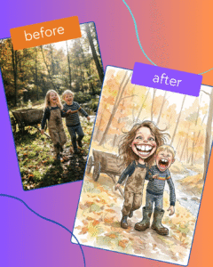 Personalized caricature of Banana Berry, the fun banana character from Mignuti Kids shop – custom kids portraits, songs, crafts and YouTube adventures for children