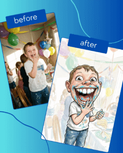 Personalized caricature of Banana Berry, the fun banana character from Mignuti Kids shop – custom kids portraits, songs, crafts and YouTube adventures for children