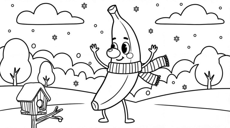 Fun Mignuti Kids coloring pages Number 1 with Banana Berry caricature, perfect for children's crafts, free printables, YouTube-inspired kids activities